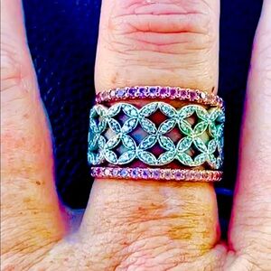 14k White Gold 1/2 Carrot Natural Diamond Vintage Floral 9 Band Ring Size 9